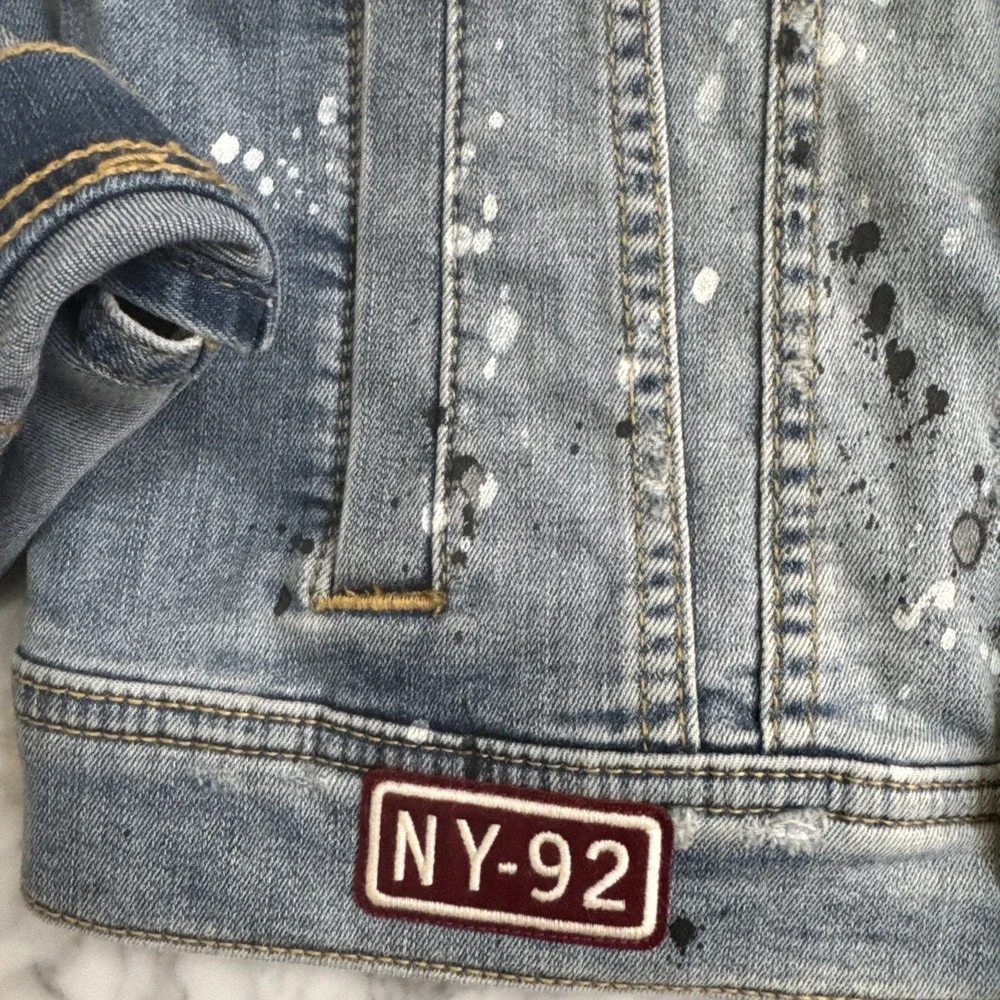 Abercrombie Kids Denim Jacket Size 7/8‎ Blue Paint Splatter Moose Back Graphic
